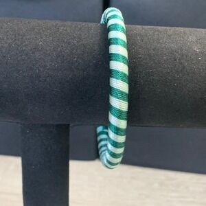 Green and White Striped Thread Wrapped Bangle Bracelet 8 Inch Circumference